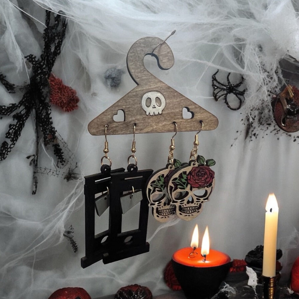 Halloween Earring Set!  2 Pair!  Guillotine and Skull With Rose.